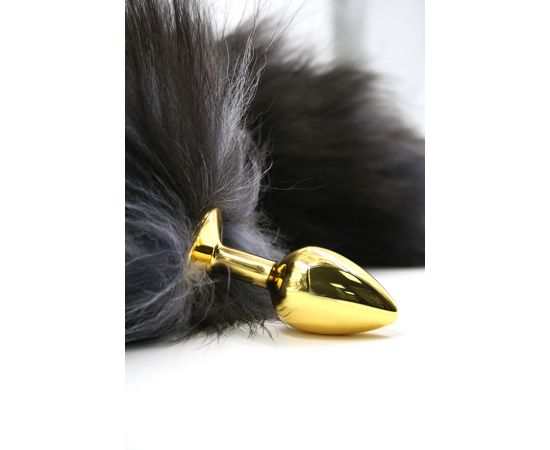Анальная пробка из алюминия с хвостом из натурального меха golden, фото 
