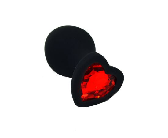 Анальная пробка, силикон, с красным кристаллом "сердце" (Medium), черный, фото 