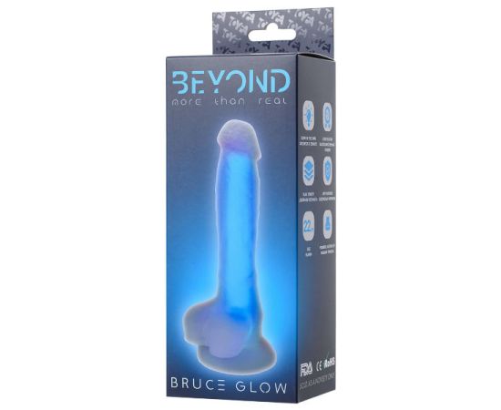 Фаллоимитатор, светящийся в темноте, Beyond by Toyfa Bruce Glow, силикон, прозрачно-синий, 16,5 см, фото 