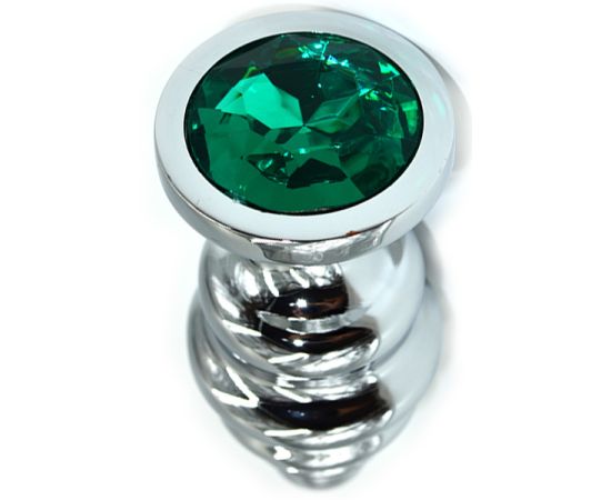 Анальная пробка Kanikule серебристая с зелёным кристаллом (medium), фото 