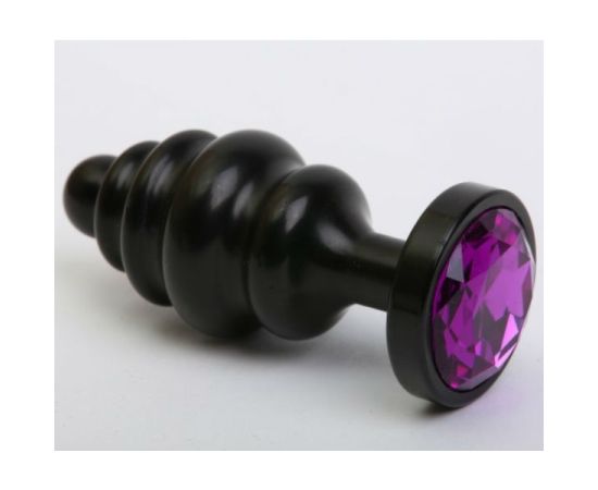 Анальная пробка фигурная 3,5 х 8,2 см металл черная фиолетовый страз, фото 