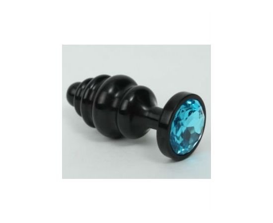 Анальная пробка фигурная 3,5 х 8,2 см металл черная голубой страз, фото 