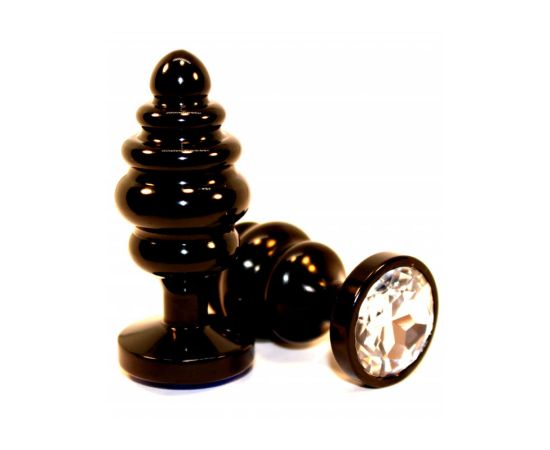 Анальная пробка фигурная 3,5 х 8,2 см металл черная прозрачный страз, фото 