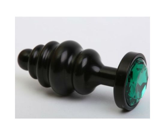 Анальная пробка фигурная 3,5 х 8,2 см металл черная зеленый страз, фото 