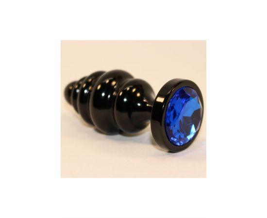 Анальная пробка фигурная 3,5 х 8,2 см металл черная синий страз, фото 
