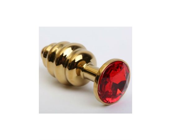 Анальная пробка фигурная золото с красным стразом 8,2 х3,5см, фото 
