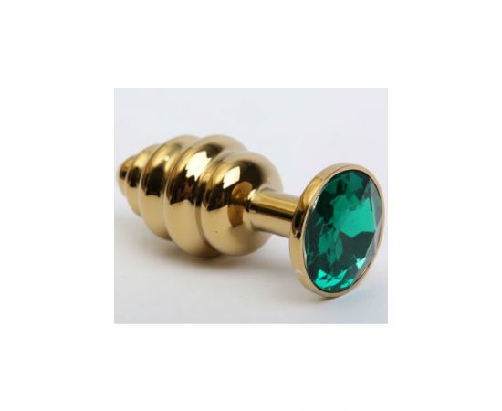 Анальная Пробка Фигурная, Золотая С Зеленым Стразом 8.2 х3.5 см, фото 