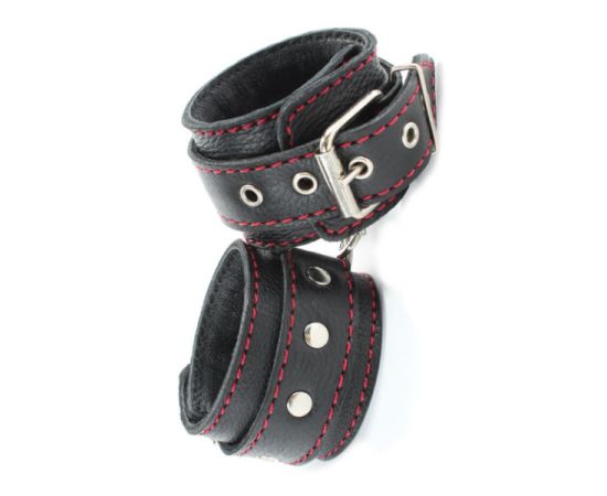 Наручники Из Натуральной Кожи BDSM С Красной Строчкой, фото 