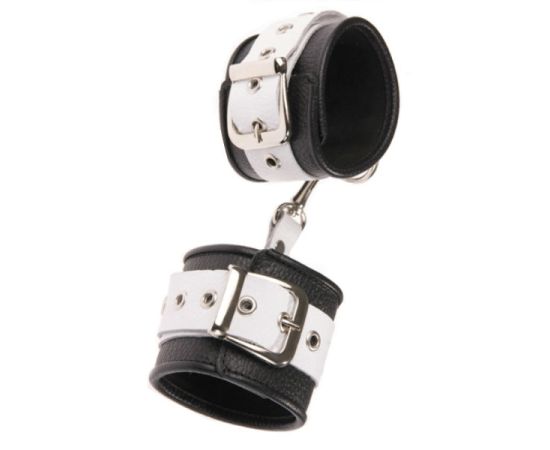 Наручники Кожаные, Ремешок С Двумя Карабинами, Черно-Белые, фото 