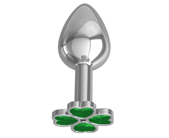Анальная втулка Silver "клевер" с зеленым кристаллом, серебристый, фото 