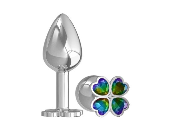 Анальная втулка Silver "клевер" с разноцветным кристаллом, серебристый, фото 